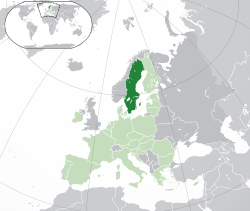 Lega Švedske (temno zeleno) na Evropski celini (sivo) — v Evropski uniji (svetlo zeleno)