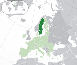 Ibùdó ilẹ̀  Swídìn  (dark green) – on the European continent  (light green & dark grey) – in the European Union  (light green)  —  [Legend]