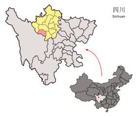Jinchuans läge i Ngawa, Sichuan, Kina.