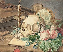 Vanitas con bouquet floral, calavera, reloj de bolsillo y vela apagada (1862), de Maria Margaretha van Os