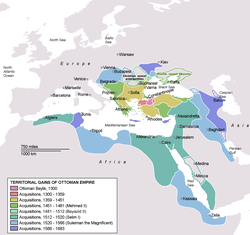 Osmanlıların toprak kazanımları *   Osmanlı Beyliği *   1300-1359 yılları arasındaki ilk genişleme *   1359-1451 yılları arasındaki genişleme *   1451-1481 yılları arasındaki genişleme *   1512-1520 yılları arasındaki genişleme *   1520-1566 yılları arasındaki genişleme *   1566-1683 yılları arasındaki son genişleme