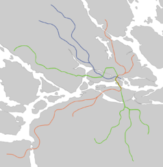 Mapa konturowa regionu Sztokholm, po prawej znajduje się punkt z opisem „T-Centralen”