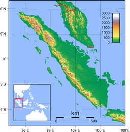 Topografisk kart over Sumatra, med Malayhalvøya øvst på kartet.