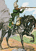 Dragon français du 19e régiment en Espagne, 1811. Illustration d'Ernest Fort, établie d'après des documents espagnols, 1913.