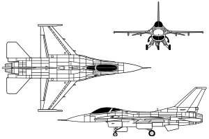 Orthographically projected diagram of the F-16.