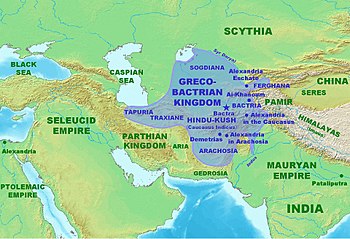 A map of the Greco-Bactrian kingdom and surrounding polities, displaying key cities, regions, and topography.