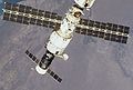 ISS Zvezda service module with a docked Soyuz spacecraft, taken in September 2000