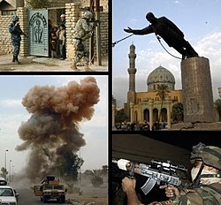 Óramutató járásával megegyező irányban a bal felső sarokból indulva: őrjárat Szamarra városánál, Szaddám Huszein szobrának ledöntése Bagdadban, az iraki hadsereg fegyveres katonája, összecsapás Dél-Bagdadban.