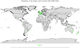 Localización del clima oceánico típico (Cfb) en el mundo.