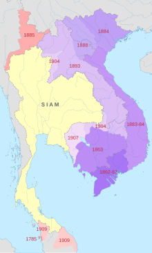 Régions indochinoises sous domination française ou anglaise, avec dates. Pour la partie française : Cochinchine (1864) ; Cambodge (1867, 1907) ; Annam (1874) ; Tonkin (1884) ; Laos (1893).