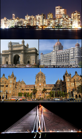 Clockwise from top: Cuffe Parade skyline, هتل کاخ تاج‌محل، پایانه چاتراپاتی شیواجی، Bandra–Worli Sea Link, and the دروازه هند (بمبئی).
