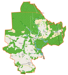 Mapa konturowa gminy Bledzew, blisko centrum u góry znajduje się punkt z opisem „Stary Dworek”