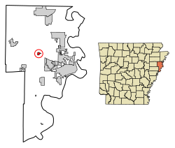 Location of Crawfordsville in Crittenden County, Arkansas.
