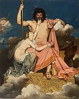 Zeus is niet alleen de Griekse variant van de Indo-Europese hemelvader, maar ook dondergod. Zeus en Thetis, geschilderd door Jean Auguste Dominique Ingres, 1811.