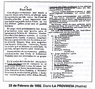 Diario La Provincia. 22 de febrero de 1892, aludiendo al "Club Recreativo de Huelva" y al Club inglés de Sevilla.