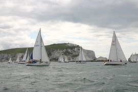 The 2009 race, with yachts seen racing off The Needles