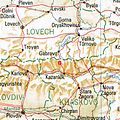 Schipka (rotes Viereck) – Bulgarien – Nachbarorte: Gabrowo, Kasanlak, Plewen (im Norden), Stara Sagora (im Süden)