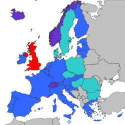      Eurozona     Otros miembros de la UE     Otros miembros del Espacio Económico Europeo, y Suiza     Microestados participantes     Reino Unido (Aun permanece en la SEPA después del Brexit)[1]​