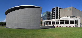 A photograph of a modernist building