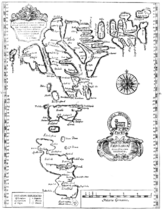 "FÆROARUM - Prima & accurata delineatio". Map by Lucas Debes 1673, the first known detailed map of the Faroes.