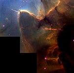 Hubblebild av en stjärnstråle i Trifidnebulosan.