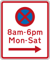 (R6-11) No Stopping at times prescribed (on the right of this sign)