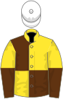 YELLOW and BROWN QUARTERED, yellow sleeves, white cap