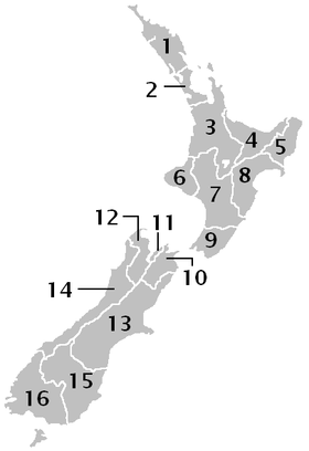 Карта Новай Зеландыі з пазначэннем межаў рэгіёнаў