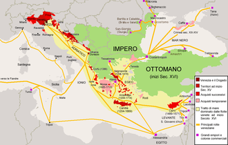 Carte couleur présentant les possessions vénitiennes et ottomanes en Méditerranée orientale.