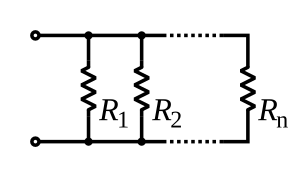 A diagram of several resistors, side by side, both leads of each connected to the same wires.