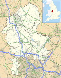 Mapa konturowa Staffordshire, u góry po lewej znajduje się punkt z opisem „Stoke-on-Trent”