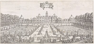 Drottningholms slott enligt tryck år 1692. Fasad mot väst med och barockträdgården (till vänster) och fasad mot öst med hamnanläggningen.