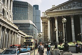 Threadneedle Street, London outside Royal Exchange looking towards Tower 42, July 1993.jpg