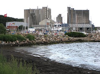 Faxe Ladeplads Harbor, Marina and Industrial Harbour and (former railway line).