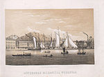 Göteborgs mekaniska verkstad sedd från älven. Litografi i planschverk utgivet 1860.