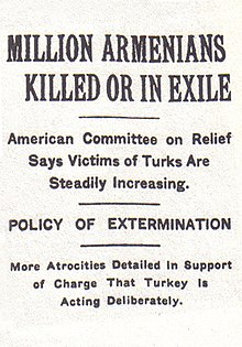 Newspaper clipping: MILLION ARMENIANS KILLED OR IN EXILE; American Committee on Relief Says Victims of Turks Are Steadily Increasing; POLICY OF EXTERMINATION; More Atrocities Detailed in Support of Charge That Turkey Is Acting Deliberately.