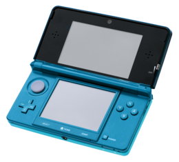 An open aqua-blue Nintendo 2DS system.