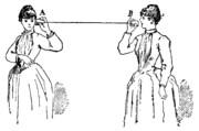 1889年にフランス語で出版された「La clef de la science, explication des phénomènes de tous les jours par Brewer et Moigno（『科学の鍵。ブルワーとモワノーによる、日常の現象についての解説』）」に掲載された金属缶テレフォンの挿絵。ラバーズ・テレフォンとも呼ばれていた。