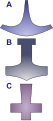 Pre-christelijke symbolen voor Noordse dondergoden (zoals Ukko en Thor) A) "Fins type" B) "Zweeds type" C) "Wolfskruis"