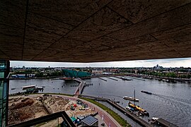 Amsterdam - Oosterdokskade - Amsterdam Public Library 2007 by Jo Coenen - Restaurant Floor - Panorama View on Oosterdok, NEMO Science Centre 1997 by Renzo Piano, Maritime Museum Amsterdam & Old City Centre of Amsterdam 07.jpg