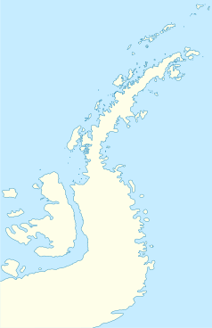 Mapa konturowa Półwyspu Antarktycznego, blisko centrum na lewo znajduje się punkt z opisem „Rothera Research Station”