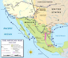 Map of the southwestern United States, including Texas, and also displaying Mexico, with the movements of the forces in the war marked on it