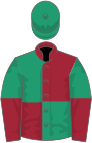 Emerald green and maroon (quartered), halved sleeves, emerald green cap