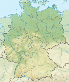 Mapa konturowa Niemiec, u góry znajduje się punkt z opisem „źródło”, natomiast blisko górnej krawiędzi znajduje się punkt z opisem „ujście”