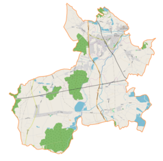 Mapa konturowa gminy Strumień, po prawej nieco u góry znajduje się punkt z opisem „Zabłocie”