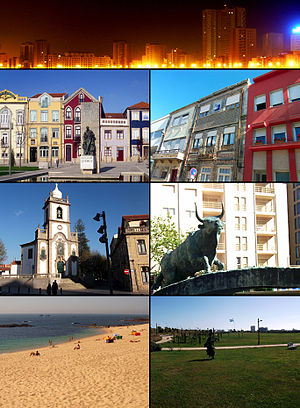 Clockwise from top: اگرو-ولهو، Rua Santos Minho, Touro, the City Park, Lagoa Beach, Senhora das Dores Church, and Praça do Almada.