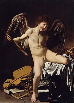 Amor Vincit Omnia gan Caravaggio (yn seiliedig ar ddywediad gan Fyrsil – "Mae cariad yn trechu'r cyfan")[2]