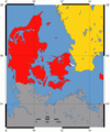 The Øresund bridge connects Denmark (in red) to Sweden (in yellow)