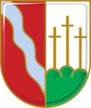 Gemeinde Achsheim Gespalten von Rot und Silber; vorne ein silberner Schrägfluß, hinten drei nebeneinander stehende schwarze Kreuze auf grünem Dreiberg.[2]