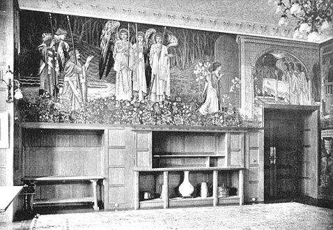 The Attainment, Stanmore Hall, 1898. The original weaving of this panel was shaped to fit over the doorway.